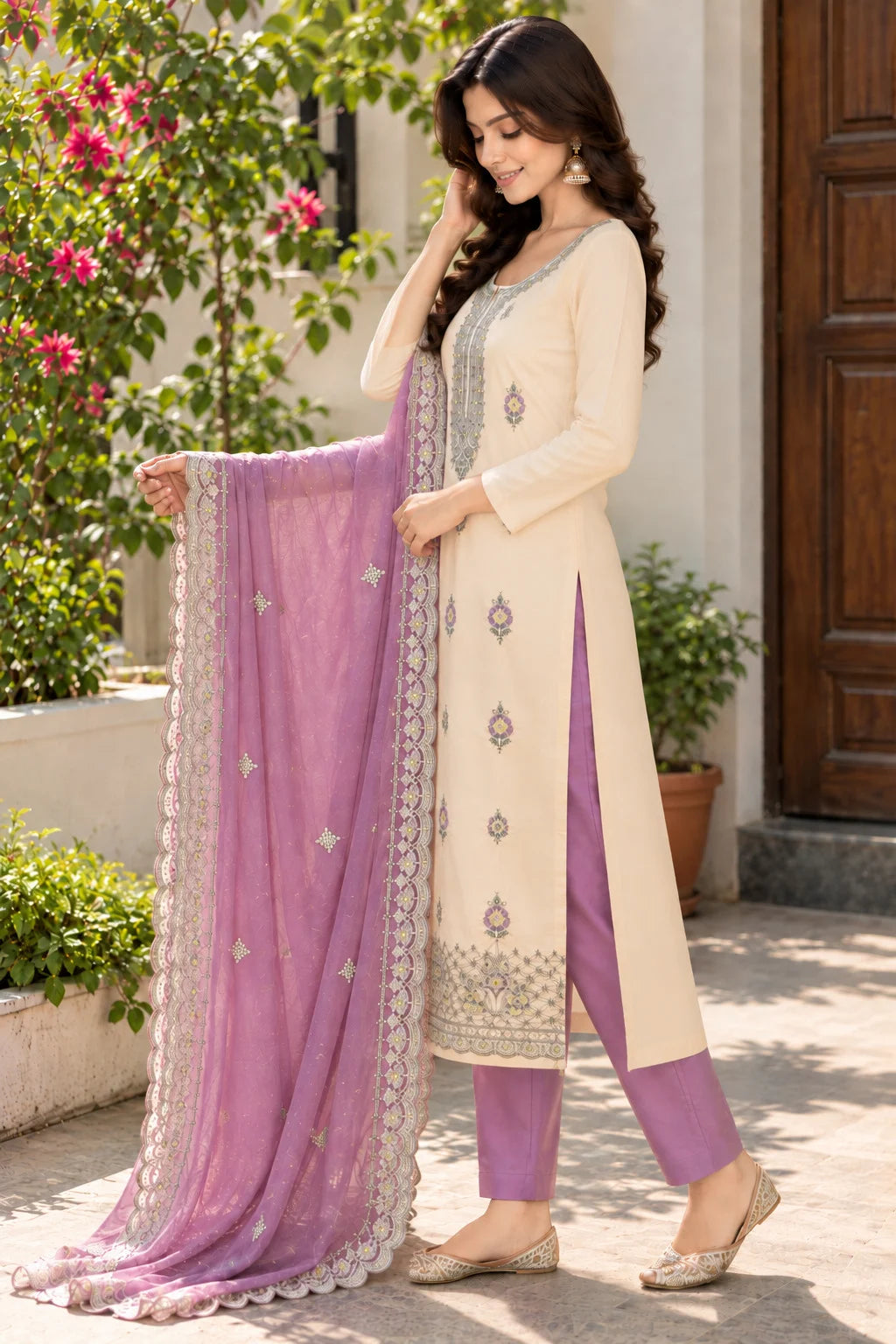 Women Cream & Lavender 3-Piece Suit Set | Embroidered Kurta | Palazzo & Dupatta | Festive Ethnic Wear