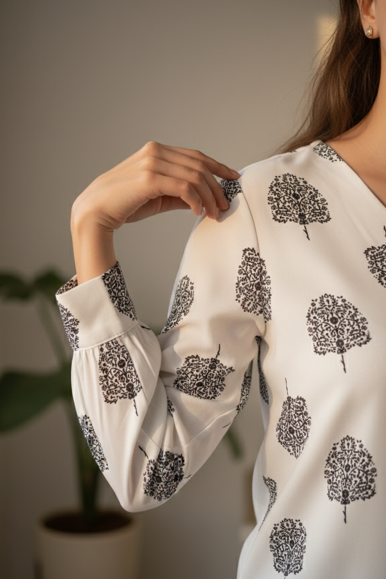 Women's White Black Floral Print Shirt - V Neck