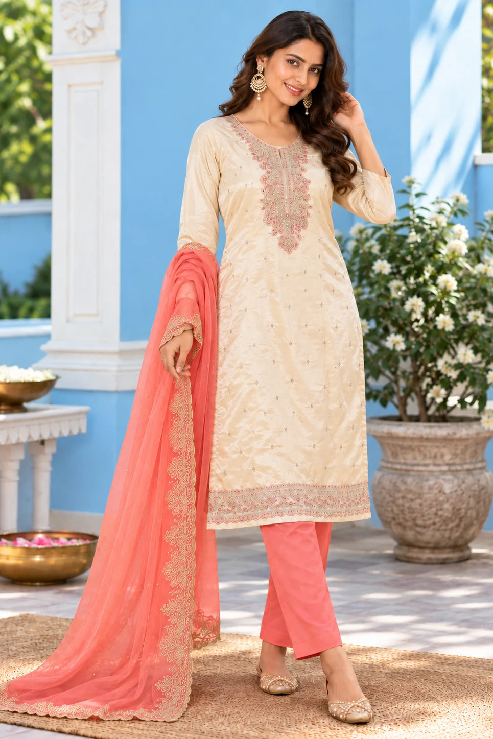 Women Cream & Coral Orange 3-Piece Suit Set | Floral Embroidered Kurta | Palazzo & Dupatta | Festive Ethnic Wear