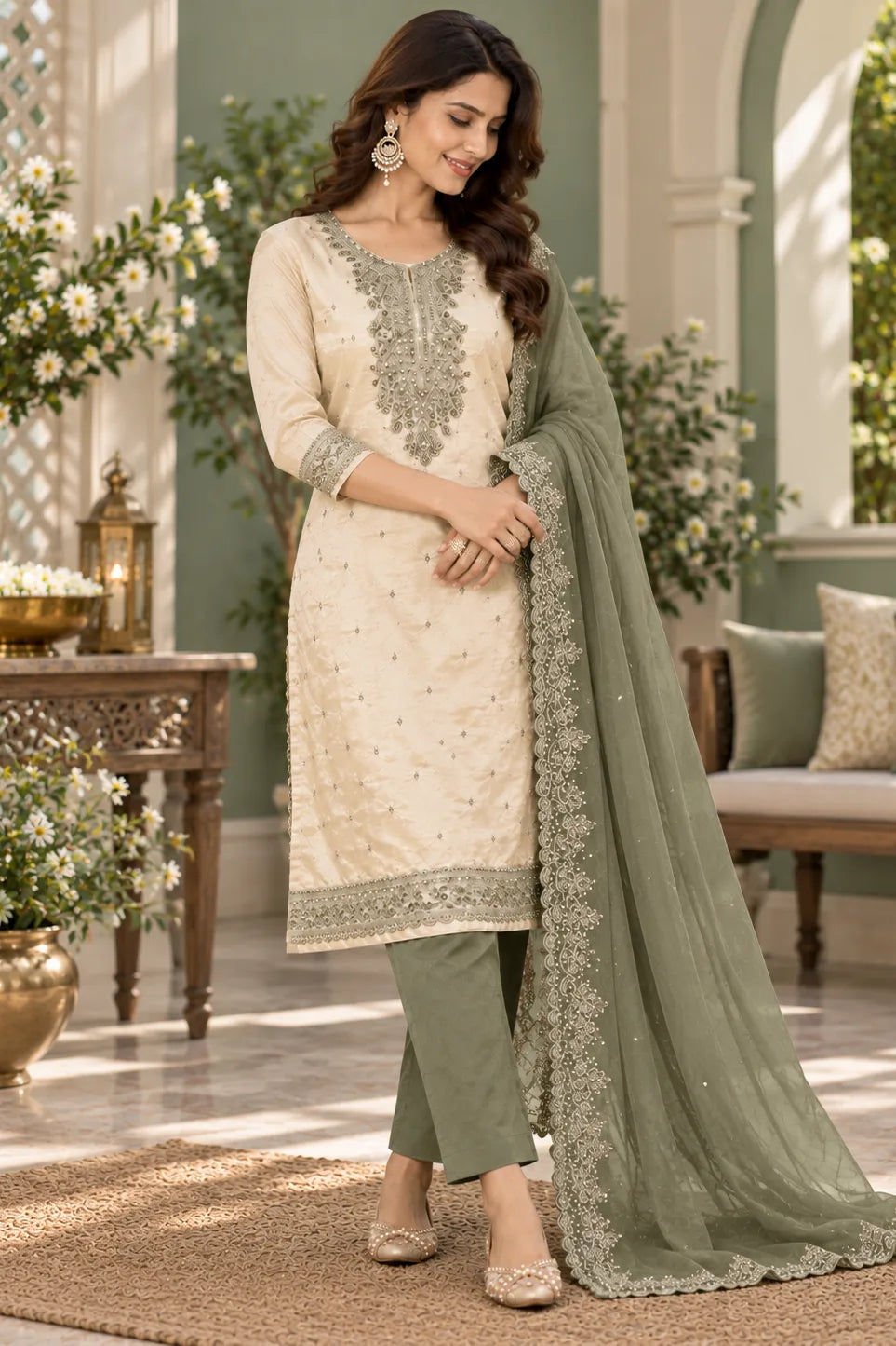 Women Cream & Sage Green 3-Piece Suit Set | Embroidered Kurta | Palazzo & Dupatta | Festive Ethnic Wear