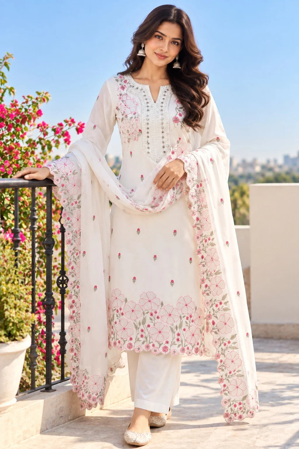 White Embroidered Suit Set for Women