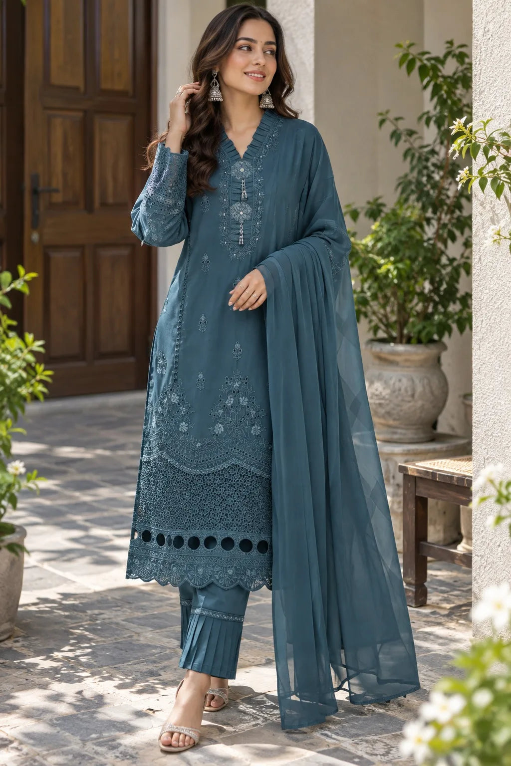 Teal Blue Embroidered Suit Set for Women