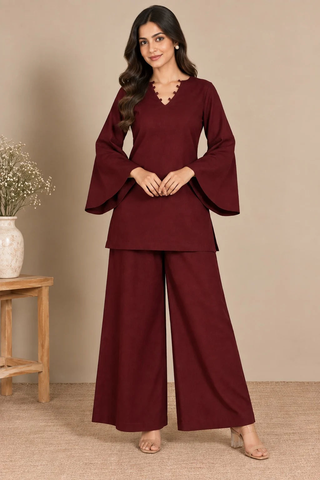 Women’s Maroon Co-Ord Set | V-Neck Bell Sleeve Top | Wide-Leg Pants | Stylish Ethnic Wear