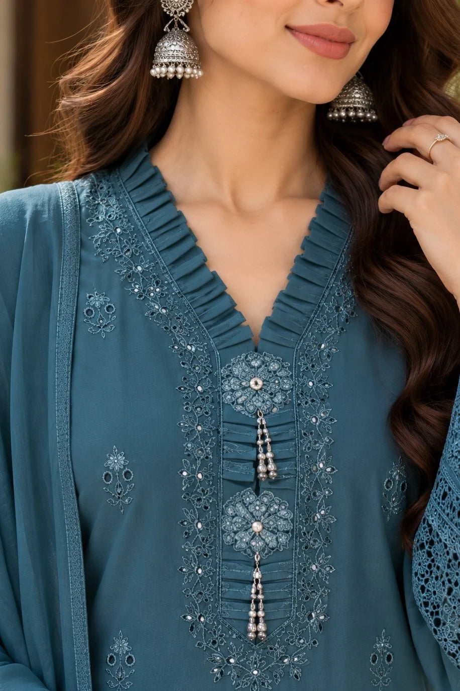 Teal Blue Embroidered Suit Set for Women