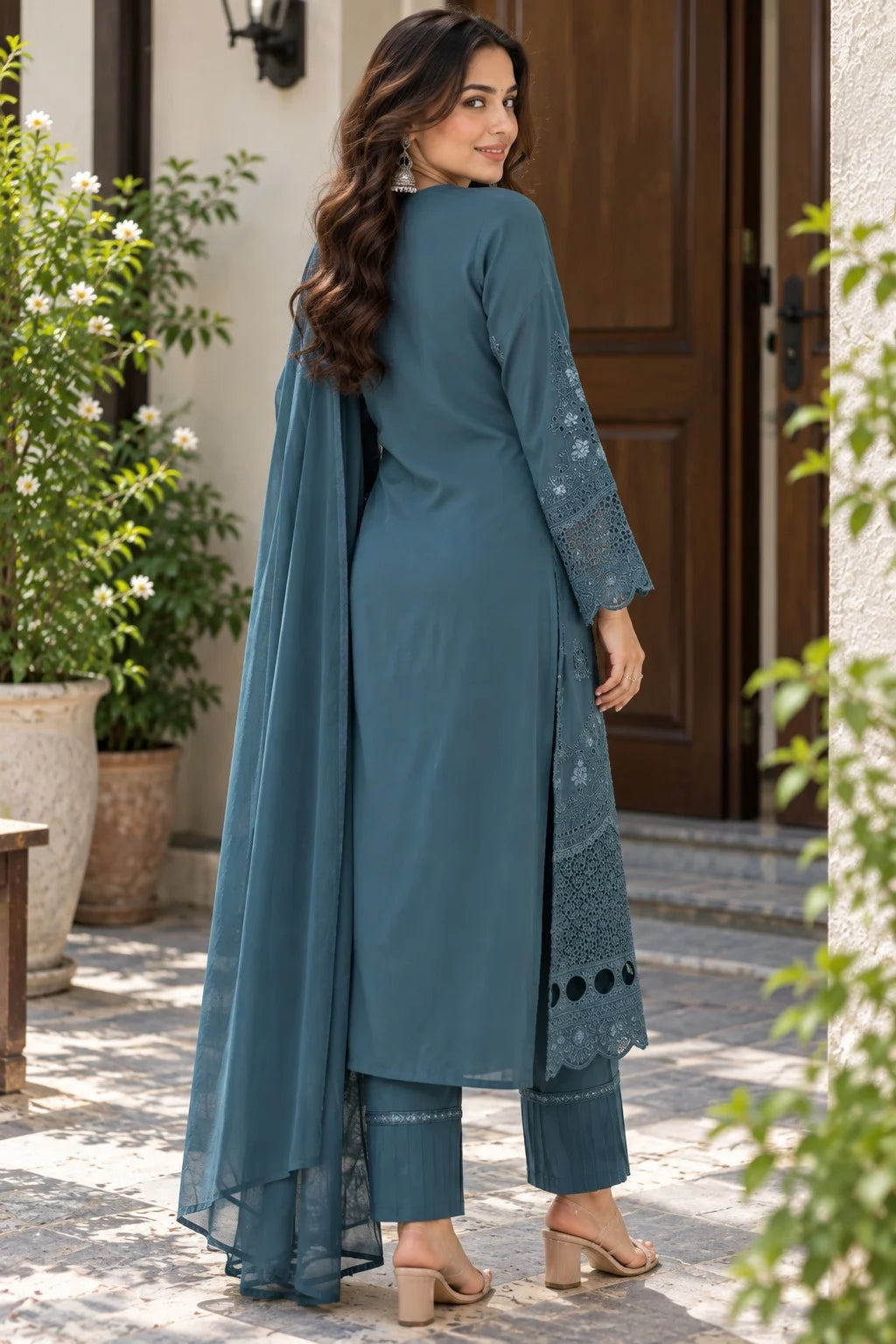 Teal Blue Embroidered Suit Set for Women