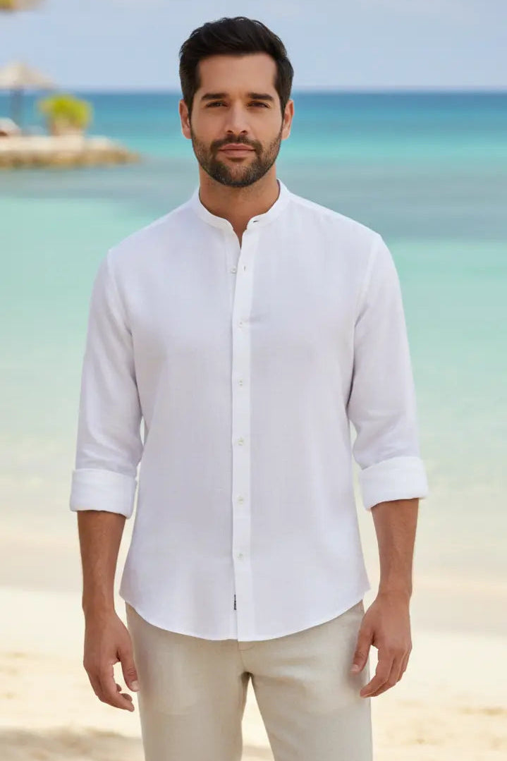Elegant white linen mandarin collar shirt crafted from premium fabric, designed as a stylish linen mandarin collar shirt for men. This refined linen shirt with mandarin collar blends comfort and class, making it a perfect linen formal shirt and a timeless chinese collar linen shirt for modern wardrobes.