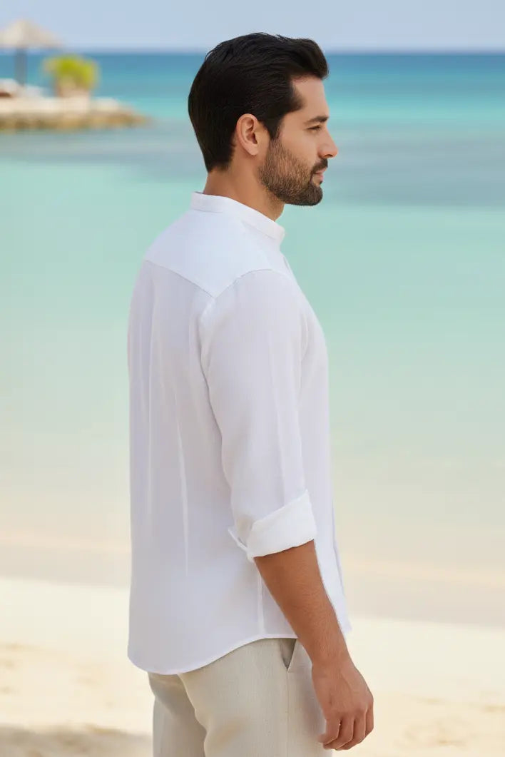 Elegant white linen mandarin collar shirt crafted from premium fabric, designed as a stylish linen mandarin collar shirt for men. This refined linen shirt with mandarin collar blends comfort and class, making it a perfect linen formal shirt and a timeless chinese collar linen shirt for modern wardrobes.