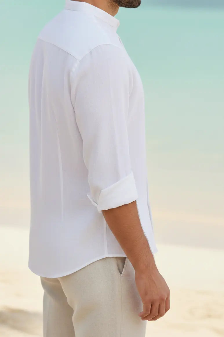 Elegant white linen mandarin collar shirt crafted from premium fabric, designed as a stylish linen mandarin collar shirt for men. This refined linen shirt with mandarin collar blends comfort and class, making it a perfect linen formal shirt and a timeless chinese collar linen shirt for modern wardrobes.