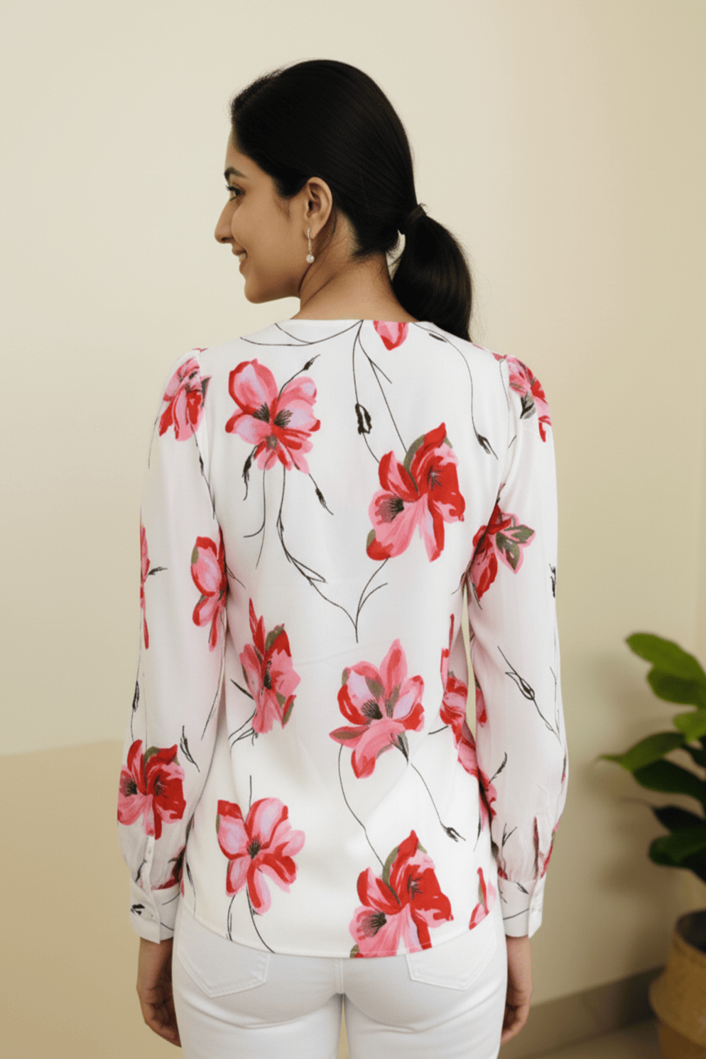 Women White Pink Floral Casual Shirt