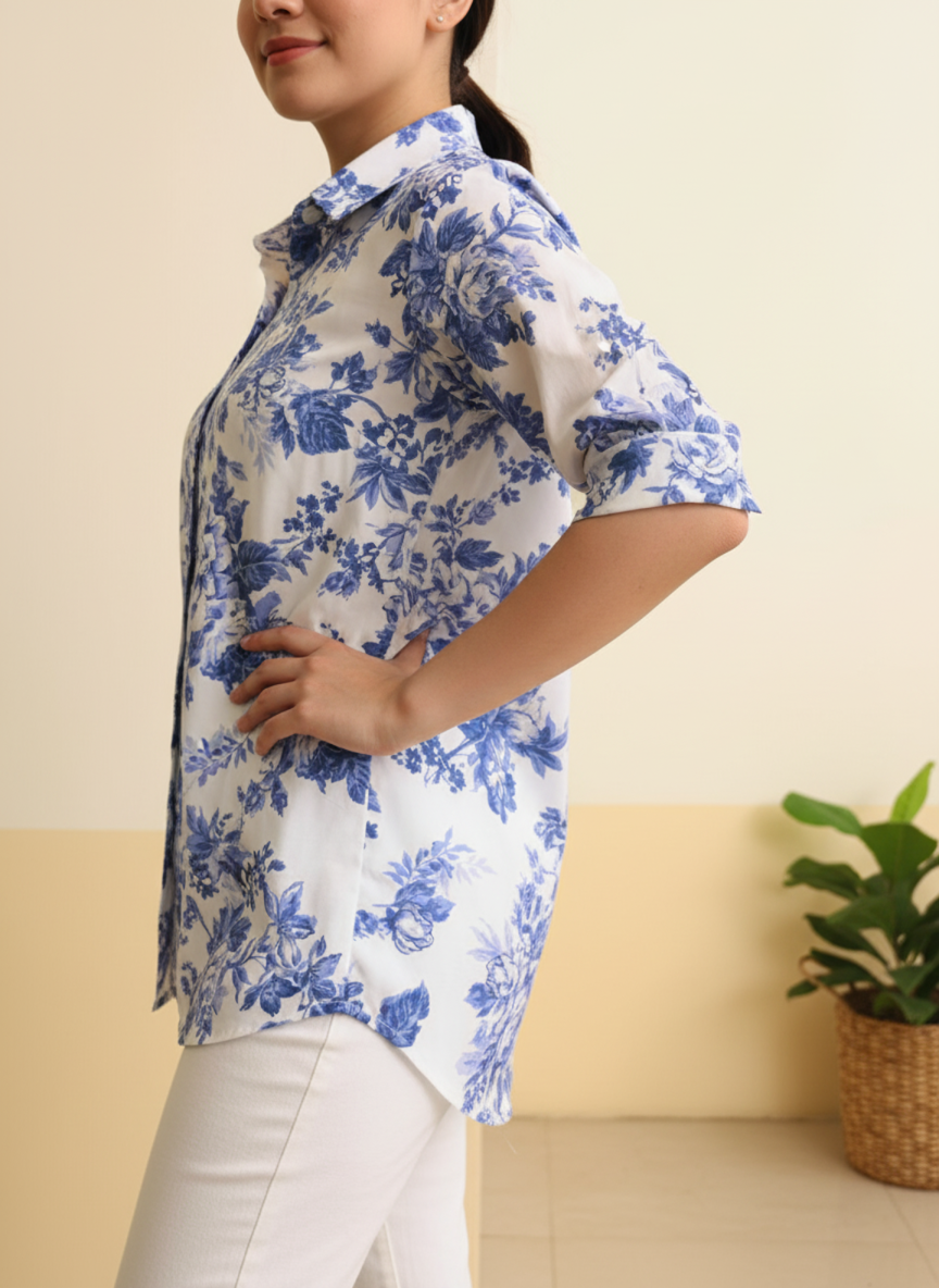 Women White Blue Floral Casual Shirt