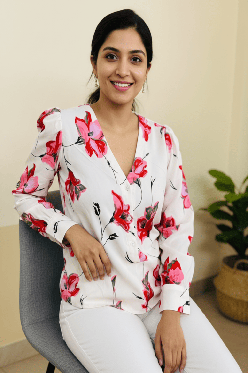 Women White Pink Floral Casual Shirt