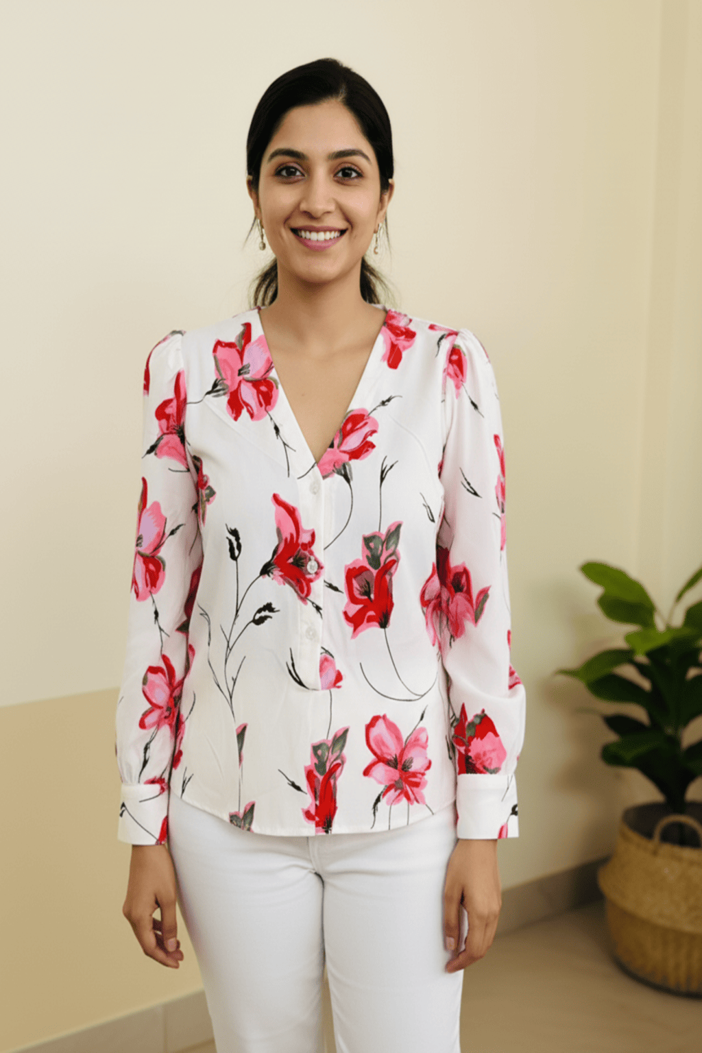 Women White Pink Floral Casual Shirt