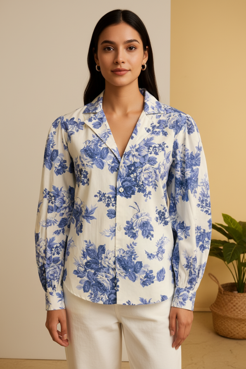 Women White Blue Floral Casual Shirt