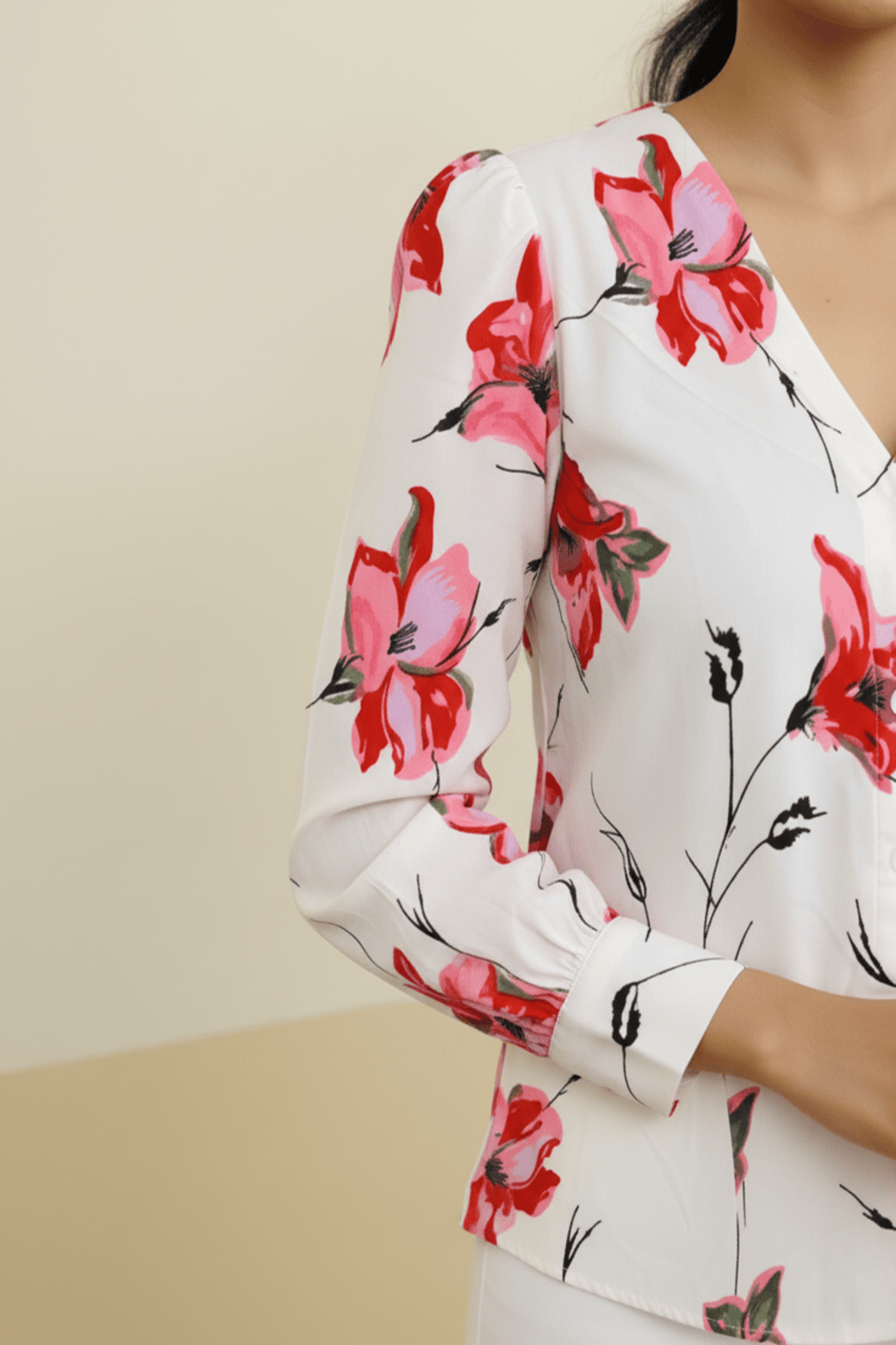 Women White Pink Floral Casual Shirt
