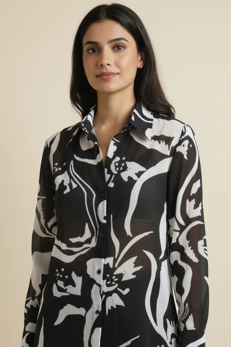 women black printed shirt - front view