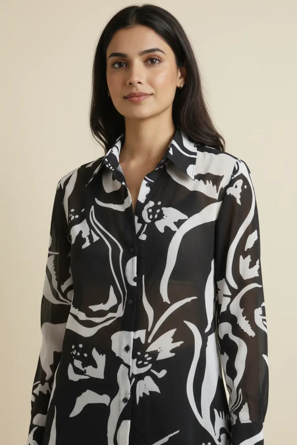 women black printed shirt - front view