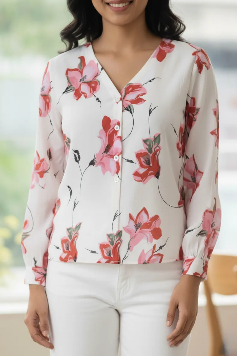 women floral korean style shirt- front