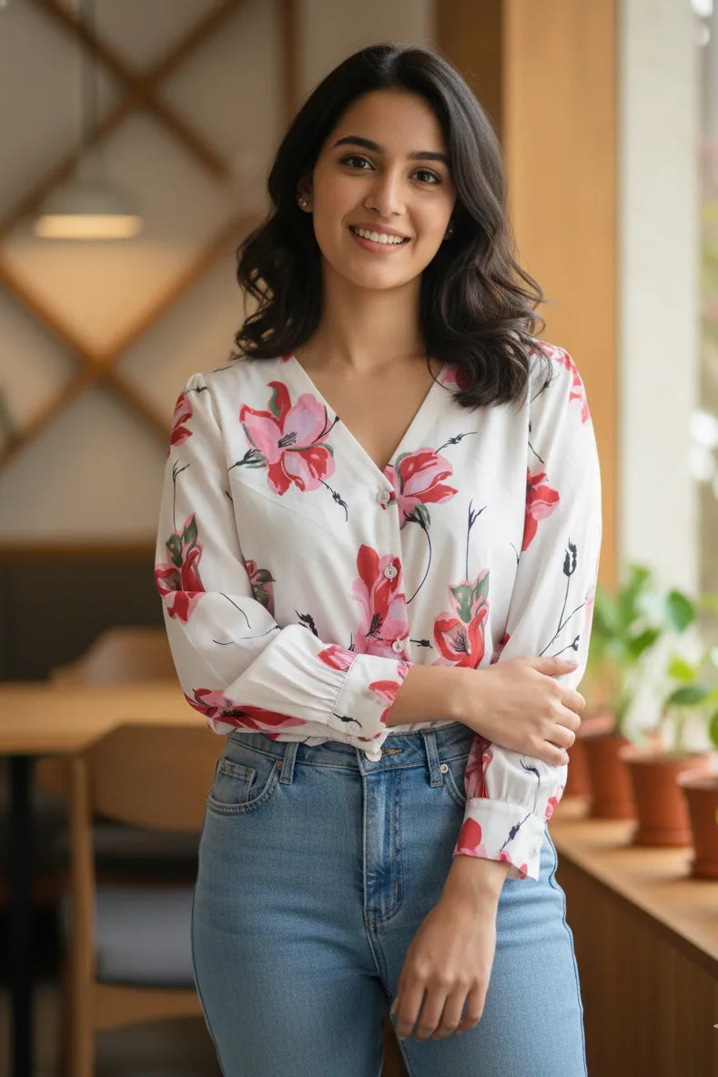 women floral korean style shirt- front full