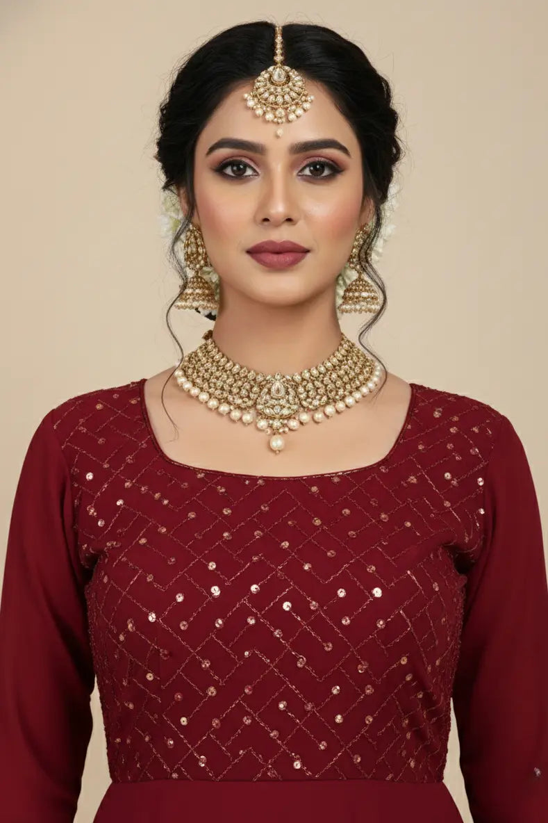 Women maroon anarkali gown - neak style zoom