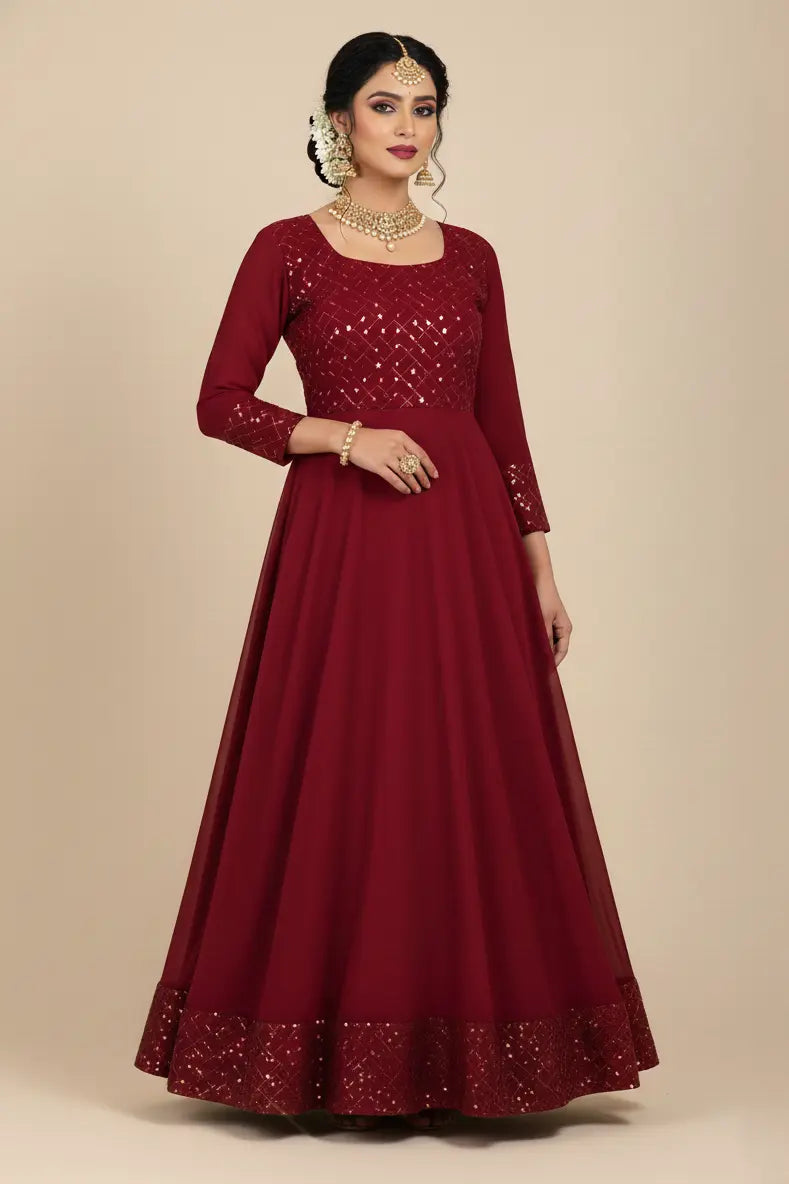 Women maroon anarkali gown- front view