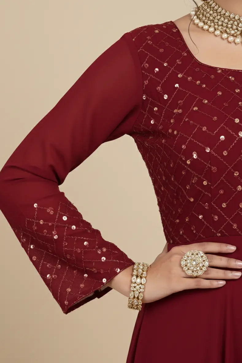 women maroon anrkali gown - sleeve view