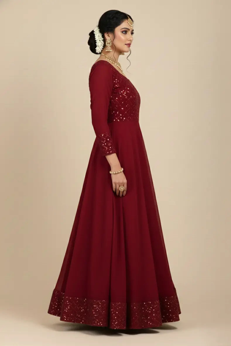 Women maroon anarkali gown - side view