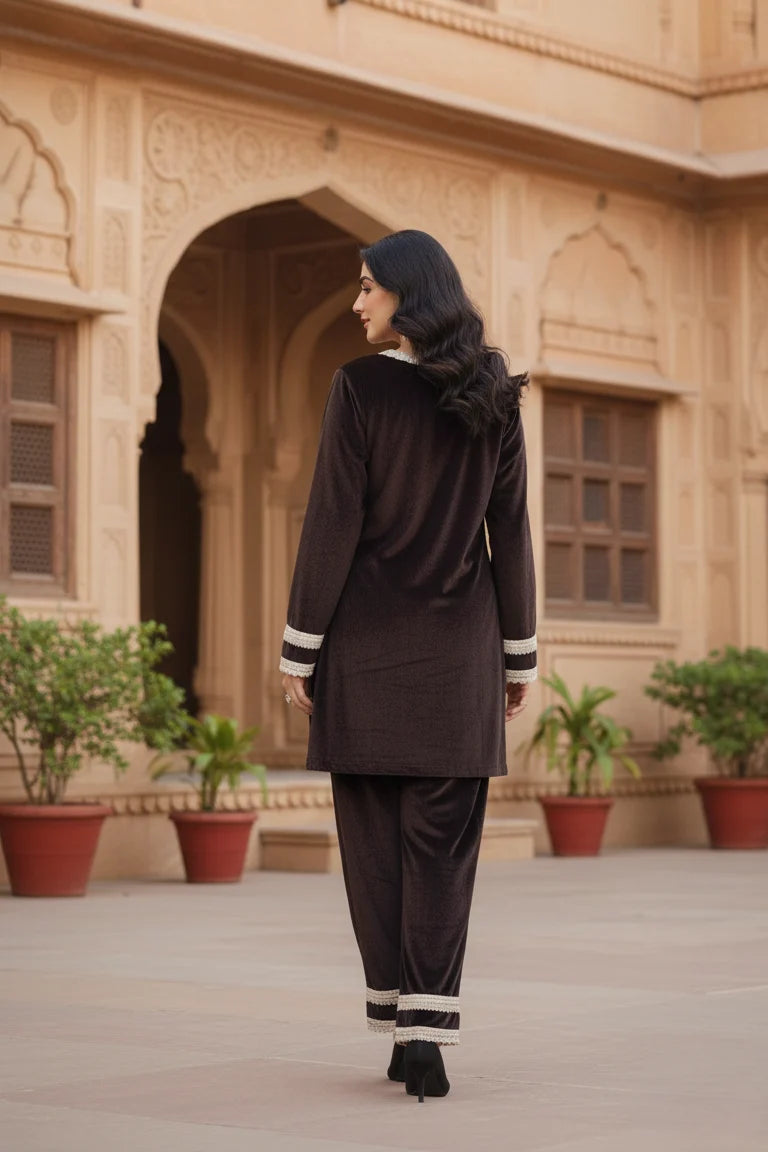 
Women’s velvet straight kurti co-ord set in rich dark coffee color, elegant ethnic wear for women featuring a soft velvet fabric, stylish and comfortable outfit suitable for festive, party, and evening occasions.