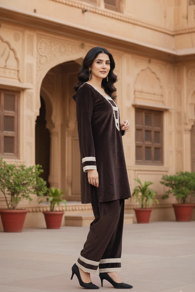 
Women’s velvet straight kurti co-ord set in rich dark coffee color, elegant ethnic wear for women featuring a soft velvet fabric, stylish and comfortable outfit suitable for festive, party, and evening occasions.