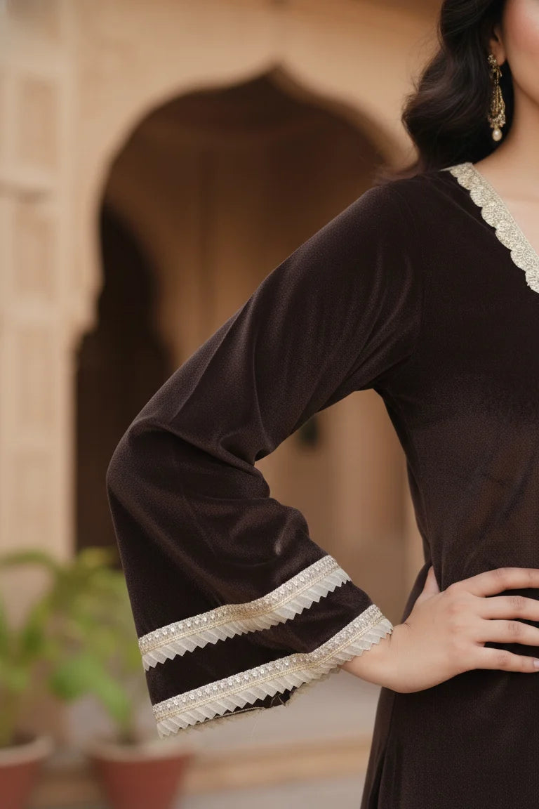 
Women’s velvet straight kurti co-ord set in rich dark coffee color, elegant ethnic wear for women featuring a soft velvet fabric, stylish and comfortable outfit suitable for festive, party, and evening occasions.