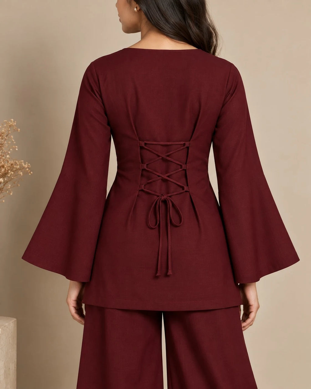 Women’s Maroon Co-Ord Set | V-Neck Bell Sleeve Top | Wide-Leg Pants | Stylish Ethnic Wear