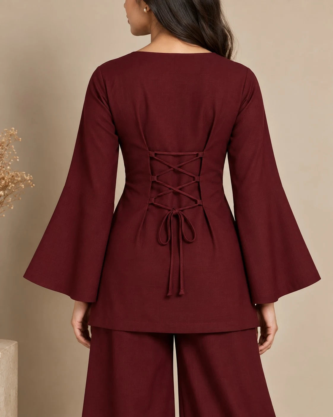 Women’s Maroon Co-Ord Set | V-Neck Bell Sleeve Top | Wide-Leg Pants | Stylish Ethnic Wear
