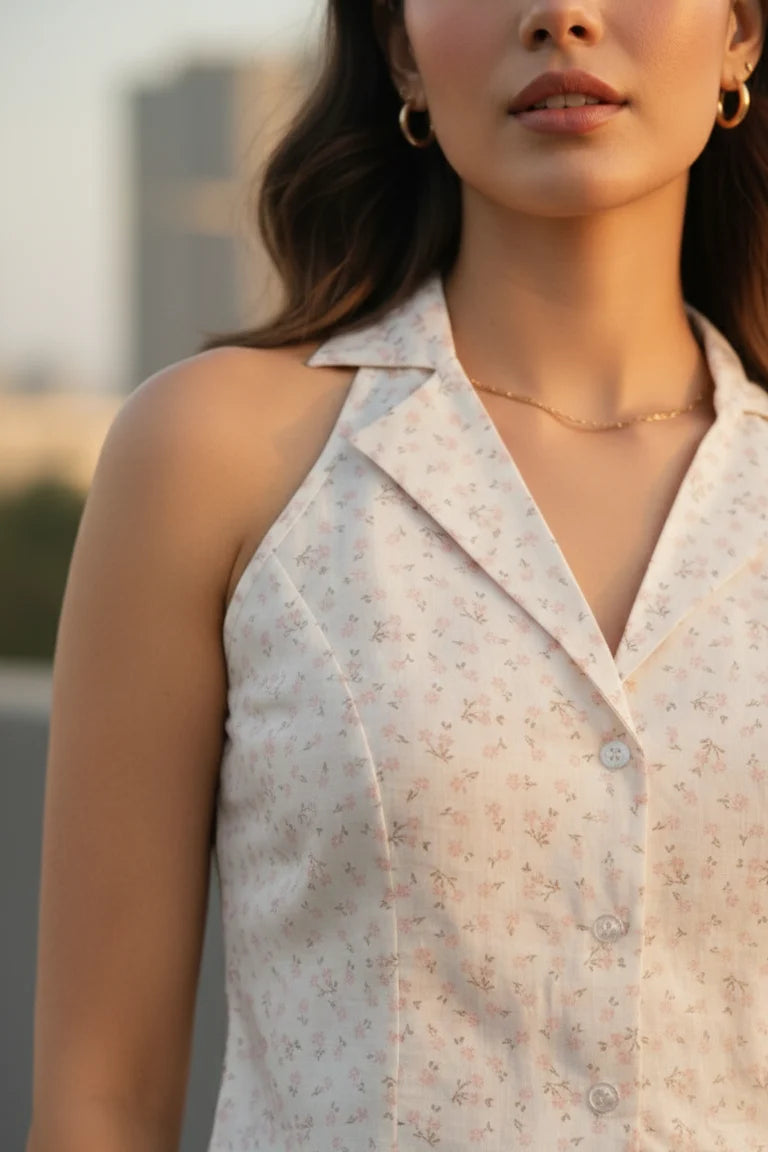 Women’s White Pink Floral Cotton Crop Shirt