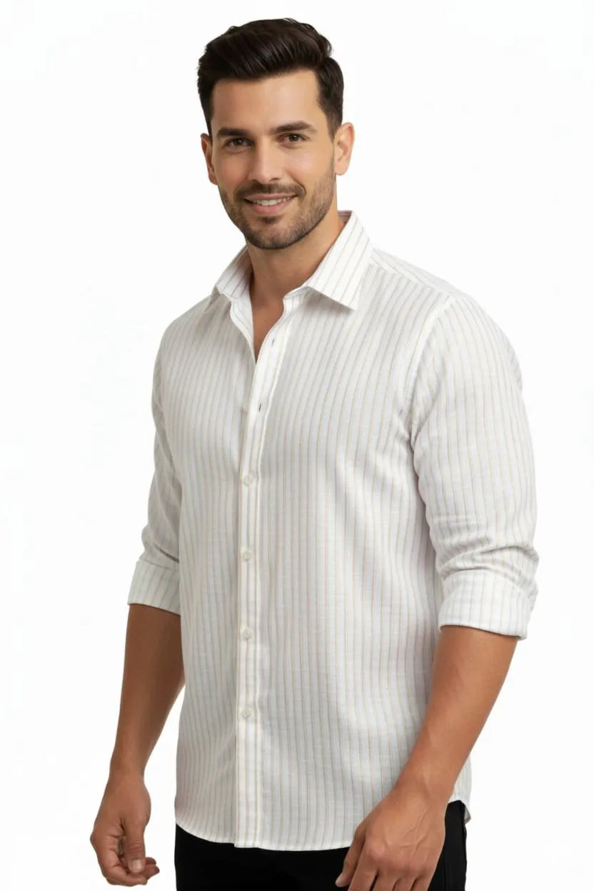 White Striped Pure Linen Shirt for Men