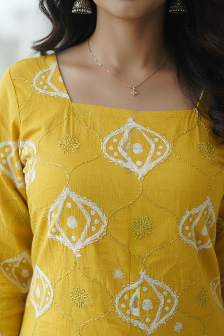 Elegant cotton kurta for women in yellow, crafted from soft cotton kurti fabric. This cotton kurti for women features a full-sleeve design with a square neck, styled as a comfortable a line kurti. Perfect as a short kurti for women, this short kurti pairs well with jeans and casual wear, making it a versatile short kurtis for jeans and classic pure cotton kurtis choice.