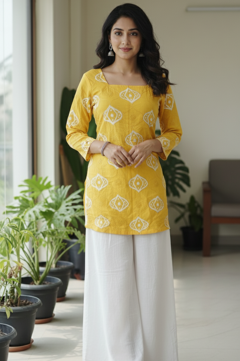 Elegant cotton kurta for women in yellow, crafted from soft cotton kurti fabric. This cotton kurti for women features a full-sleeve design with a square neck, styled as a comfortable a line kurti. Perfect as a short kurti for women, this short kurti pairs well with jeans and casual wear, making it a versatile short kurtis for jeans and classic pure cotton kurtis choice.