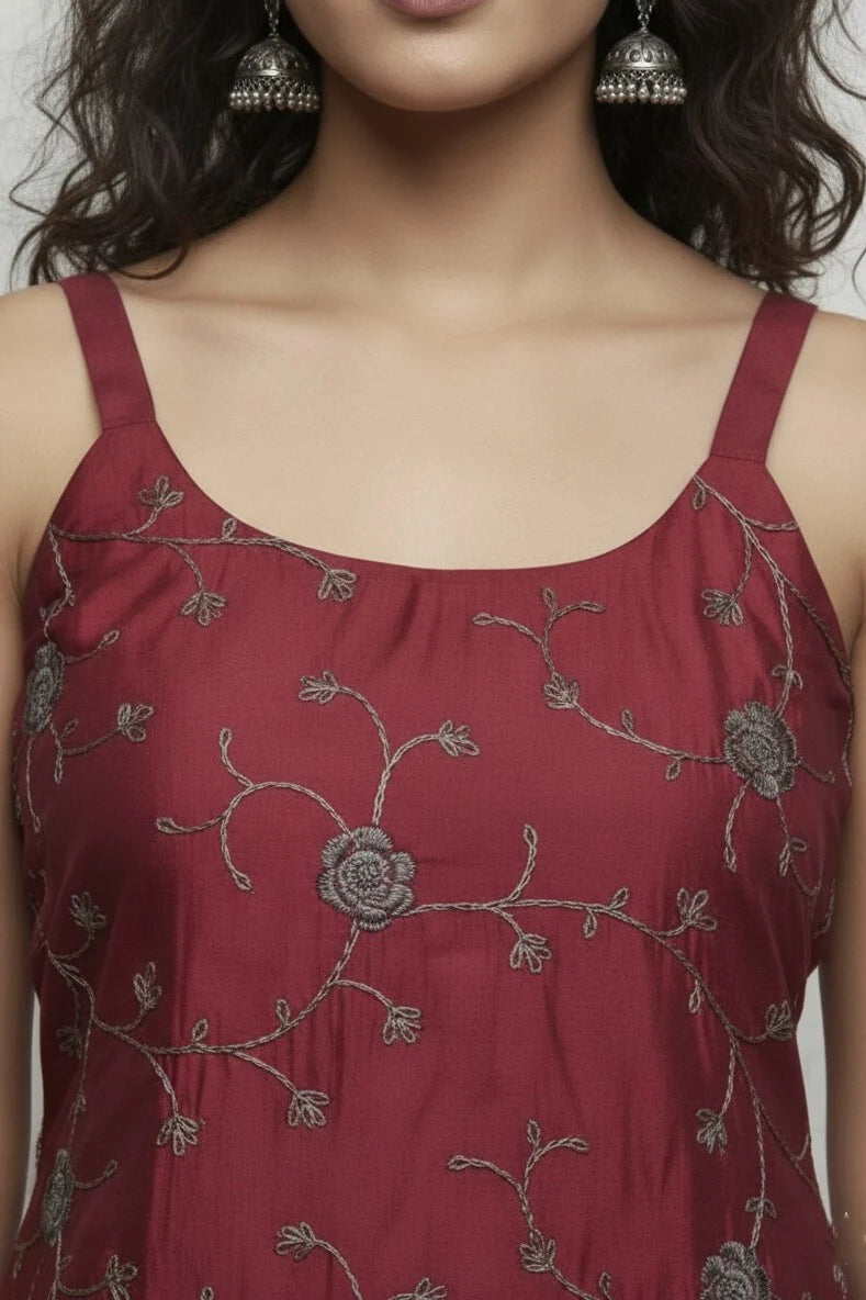 Maroon Cotton Embroidered Kurti | Short Sleeveless Floral Ladies Kurti Online