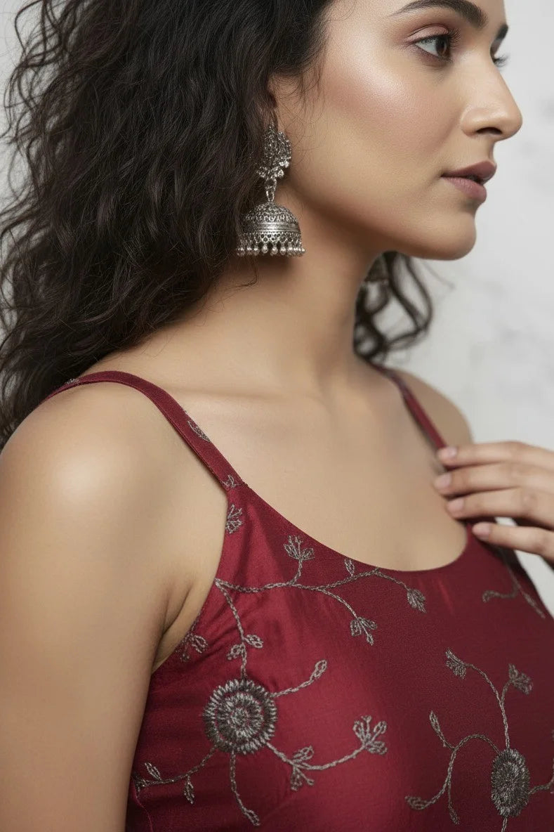 Short Maroon Embroidered Kurti for Women | Square Neck Sleeveless Floral Cotton