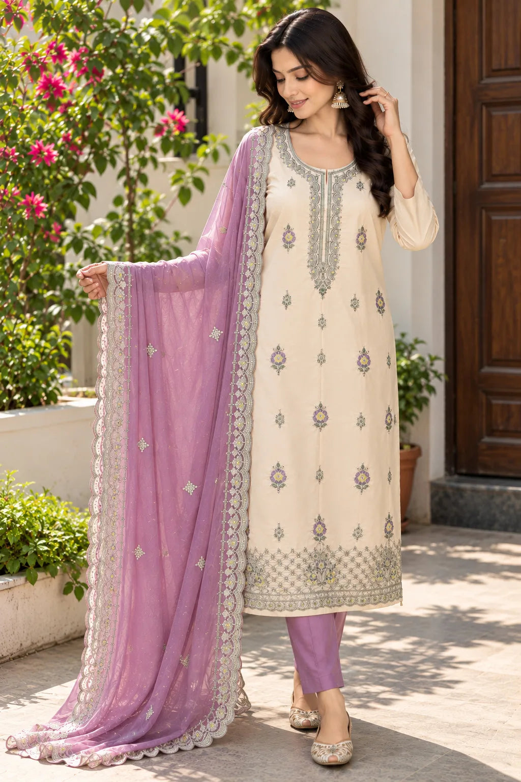 Women Cream & Lavender 3-Piece Suit Set | Embroidered Kurta | Palazzo & Dupatta | Festive Ethnic Wear