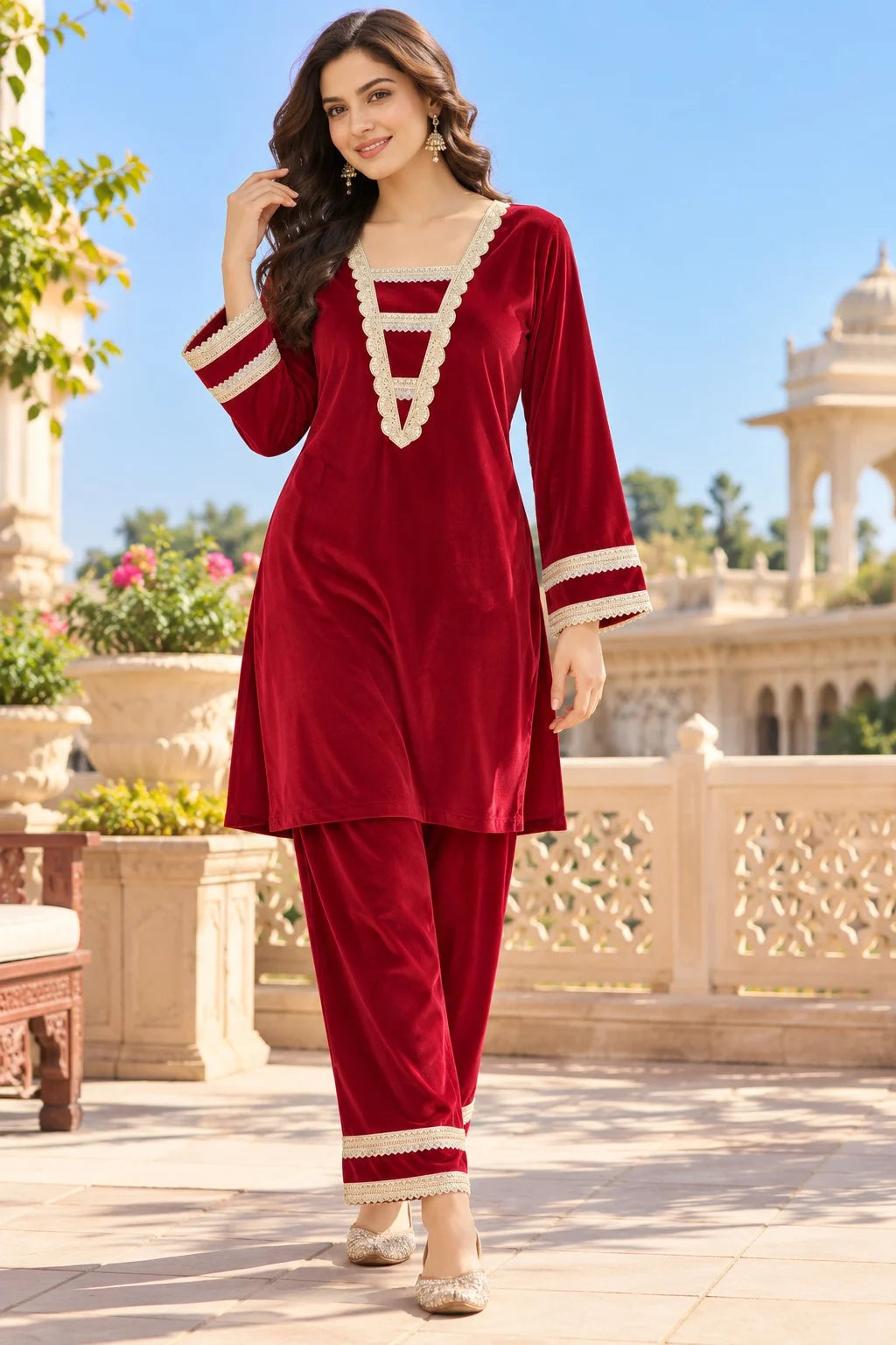 Kurta Palazzo Set with Lace Detailing For Women
